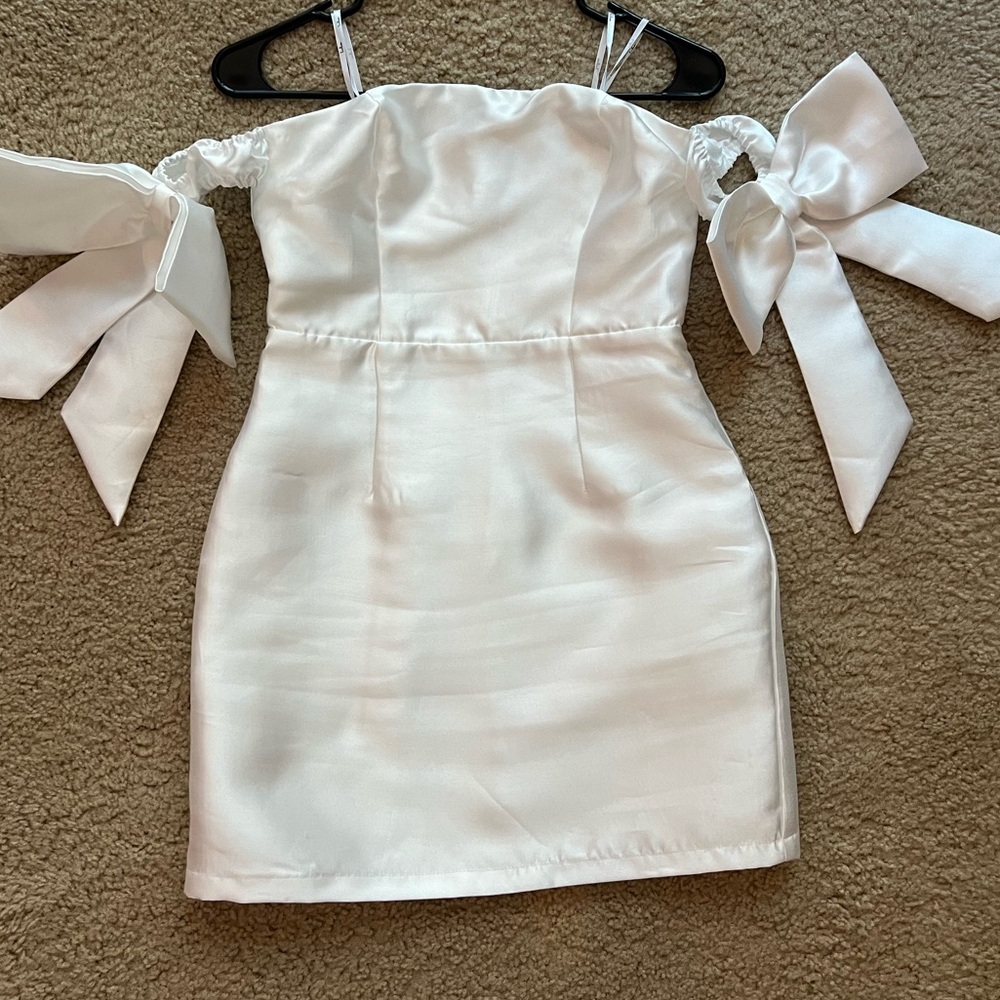 Lulu’s - Perfectly Forever White Off-the-Shoulder Bow Mini Dress